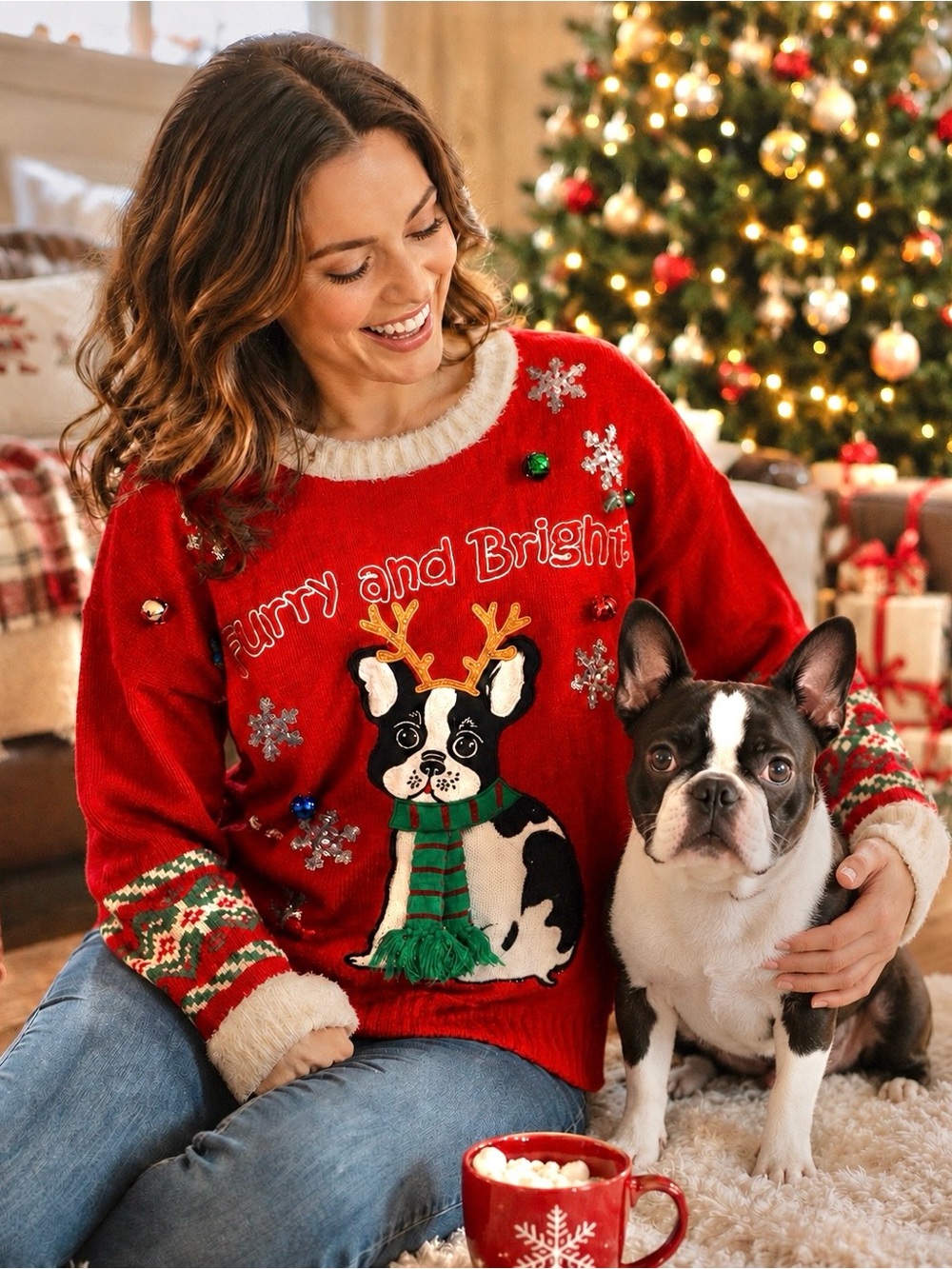 Dog Lovers Ugly Red Christmas Sweater Furry And Bright Woman’s Size XL